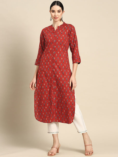 Women Red Straight Kurta With Three Quarter Sleeves