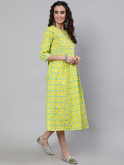 Wome Yellow Ethnic Printed Flared Dress With Three Quarter sleeves