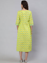 Wome Yellow Ethnic Printed Flared Dress With Three Quarter sleeves