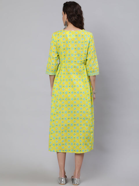 Wome Yellow Ethnic Printed Flared Dress With Three Quarter sleeves
