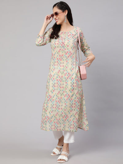 Women Multi Ikat Printed Straight Kurta with Three Quarter Sleeves