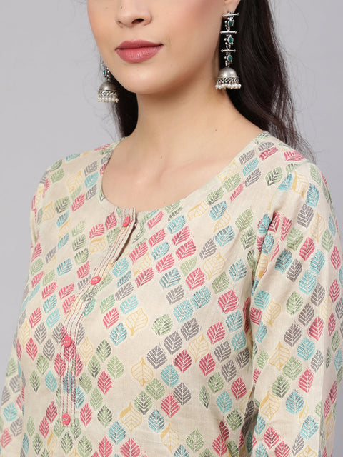 Women Multi Ikat Printed Straight Kurta with Three Quarter Sleeves