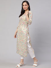 Women Multi Ikat Printed Straight Kurta with Three Quarter Sleeves