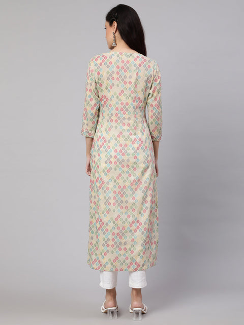 Women Multi Ikat Printed Straight Kurta with Three Quarter Sleeves