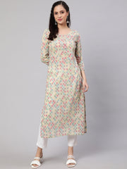 Women Multi Ikat Printed Straight Kurta with Three Quarter Sleeves