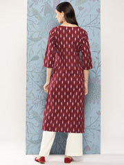 Women Maroon Ikat Printed Straight Kurta With Three Quarter Sleeves