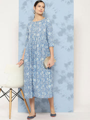 Wome Blue Printed Flared Dress With Three quarter Sleeves