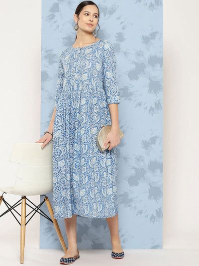Wome Blue Printed Flared Dress With Three quarter Sleeves