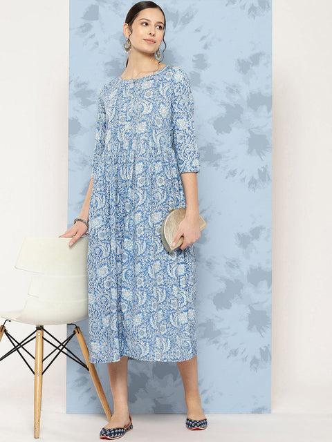 Wome Blue Printed Flared Dress With Three quarter Sleeves