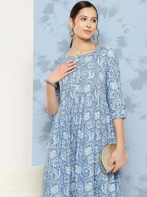 Wome Blue Printed Flared Dress With Three quarter Sleeves