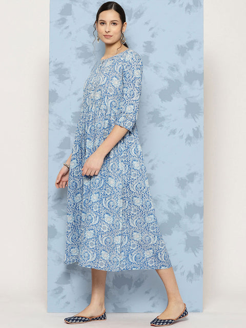 Wome Blue Printed Flared Dress With Three quarter Sleeves