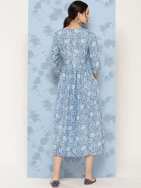 Wome Blue Printed Flared Dress With Three quarter Sleeves