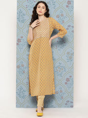 Women Mustard Straight Kurta With Three Quarter Sleeves