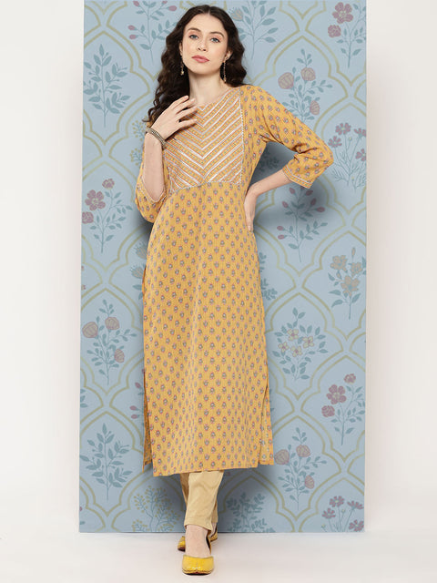 Women Mustard Straight Kurta With Three Quarter Sleeves