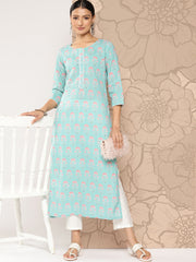Women Blue Ethnic Straight Kurta With Three Quarter Sleeves