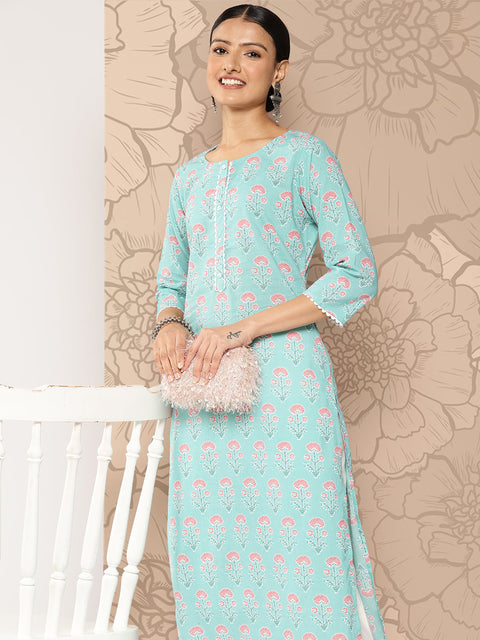 Women Blue Ethnic Straight Kurta With Three Quarter Sleeves