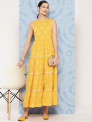 Wome Yellow Bandhini Printed Flared Sleeveless Tiered Dress