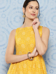 Wome Yellow Bandhini Printed Flared Sleeveless Tiered Dress