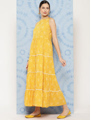 Wome Yellow Bandhini Printed Flared Sleeveless Tiered Dress