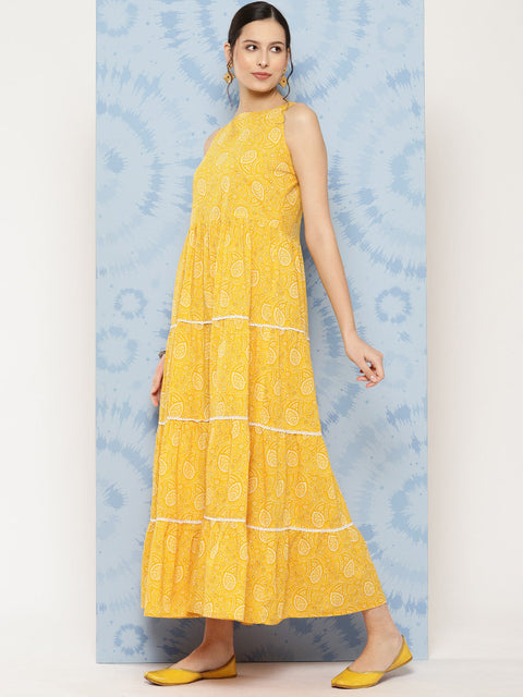 Wome Yellow Bandhini Printed Flared Sleeveless Tiered Dress