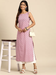 Women Mauve Ethnic Printed Straight Sleevless Kurta