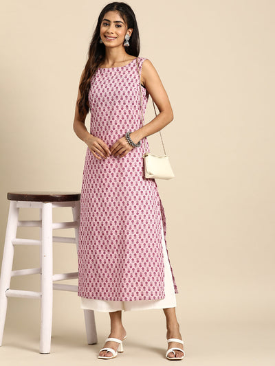 Women Mauve Ethnic Printed Straight Sleevless Kurta