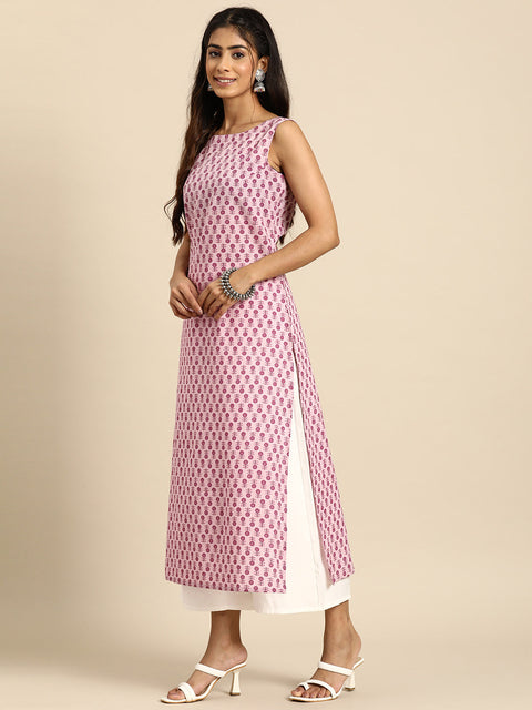 Women Mauve Ethnic Printed Straight Sleevless Kurta