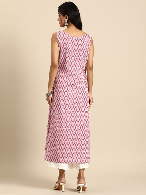 Women Mauve Ethnic Printed Straight Sleevless Kurta