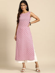 Women Mauve Ethnic Printed Straight Sleevless Kurta
