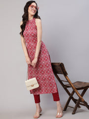 Women Pink Printed Halter Neck Straight Kurta