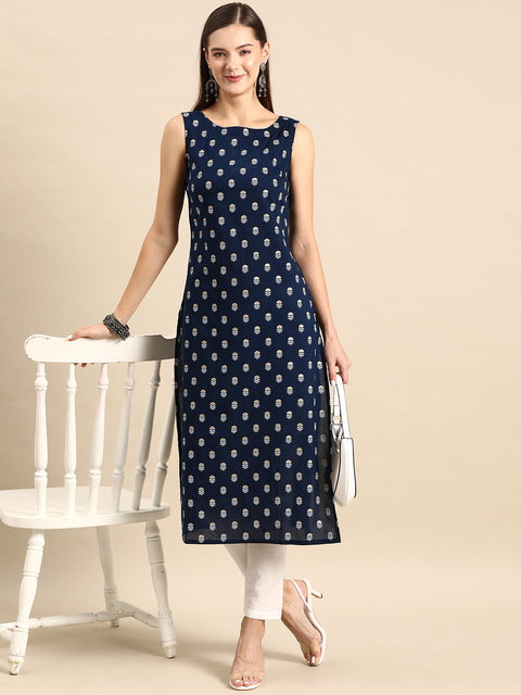 Women Navy Blue Ethnic Printed Straight Sleevless Kurta