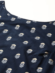 Women Navy Blue Ethnic Printed Straight Sleevless Kurta