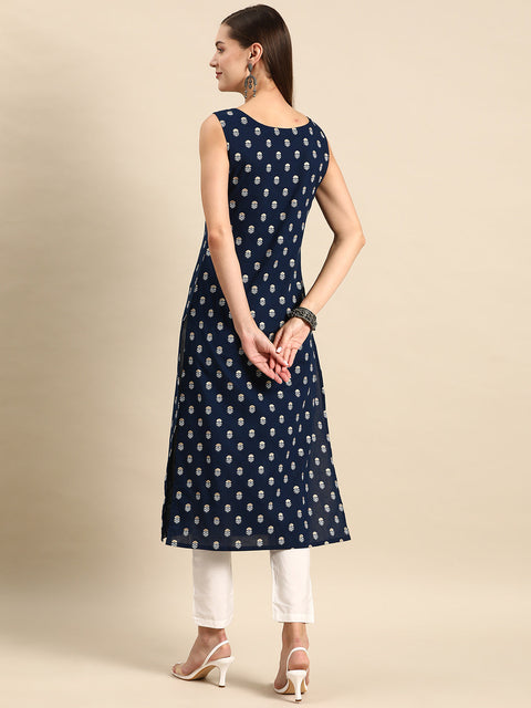 Women Navy Blue Ethnic Printed Straight Sleevless Kurta