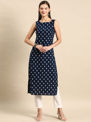Women Navy Blue Ethnic Printed Straight Sleevless Kurta