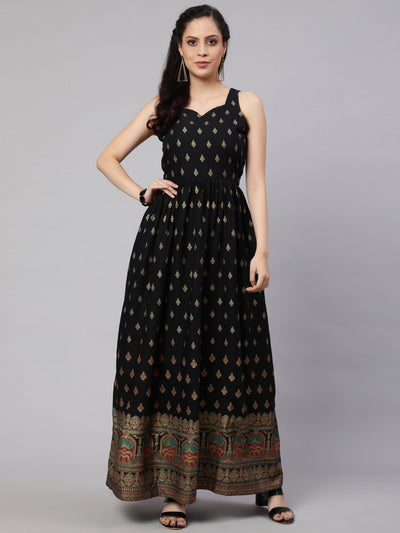 Women Black Ethnic Printed Shoulder Strap Dress