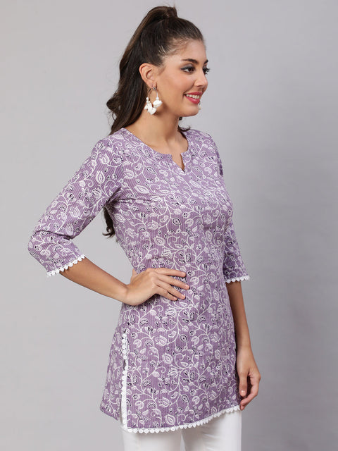 Women Purple Straight Tunic With Three Quaretr Sleeves
