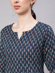 Women Blue Straight Tunic With Three Quaretr Sleeves