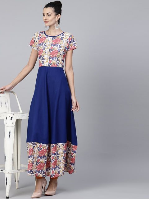 Nayo Blue cap sleeve cotton anarkali kurta with printed yoke