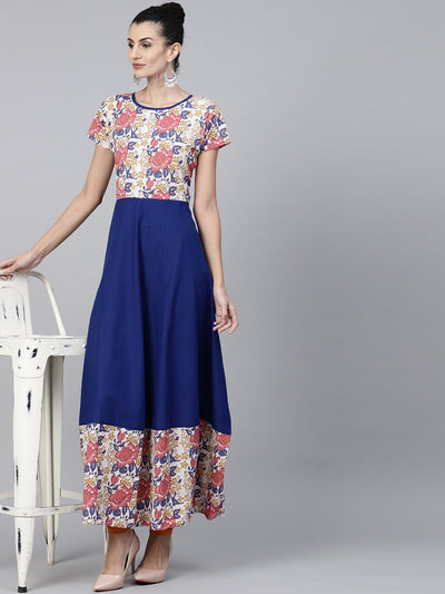 Nayo Blue cap sleeve cotton anarkali kurta with printed yoke