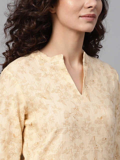 Cream & Gold Floral printed Kurta Set with Solid Cream pants