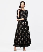 Nayo Black printed 3/4th sleeve cotton kurta with printed skirt