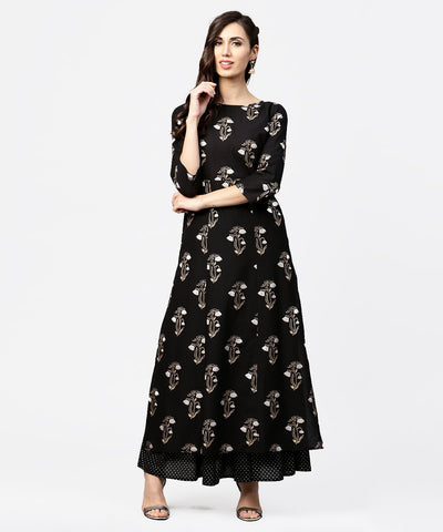 Nayo Black printed 3/4th sleeve cotton kurta with printed skirt