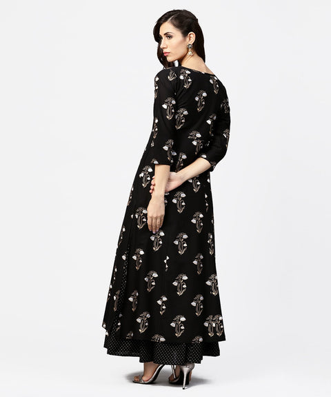 Nayo Black printed 3/4th sleeve cotton kurta with printed skirt
