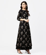 Nayo Black printed 3/4th sleeve cotton kurta with printed skirt