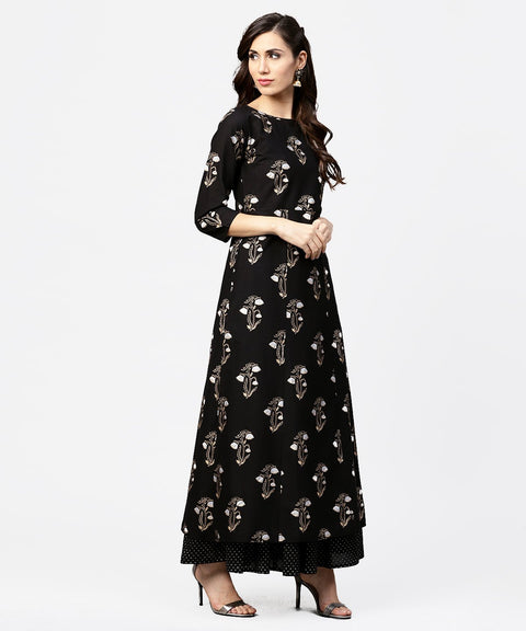 Nayo Black printed 3/4th sleeve cotton kurta with printed skirt