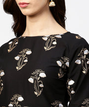 Nayo Black printed 3/4th sleeve cotton kurta with printed skirt