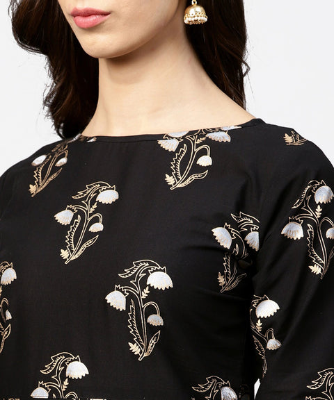 Nayo Black printed 3/4th sleeve cotton kurta with printed skirt
