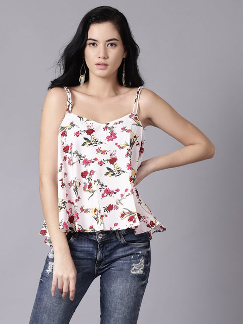 Daima Women White Casual Printed Shoulder Straps Top