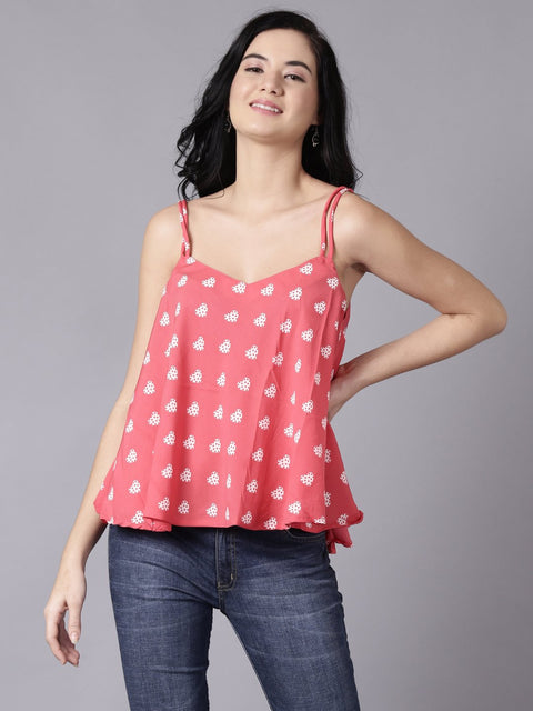 Daima Women Coral Casual Printed Shoulder Straps Top