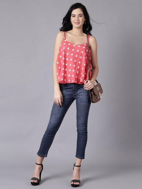 Daima Women Coral Casual Printed Shoulder Straps Top